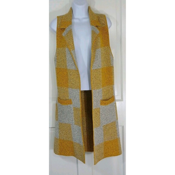 MONTEAU Los Angeles Women's S Yellow Gray Plaid Sleeveless Long Sweater Vest - Picture 2 of 16